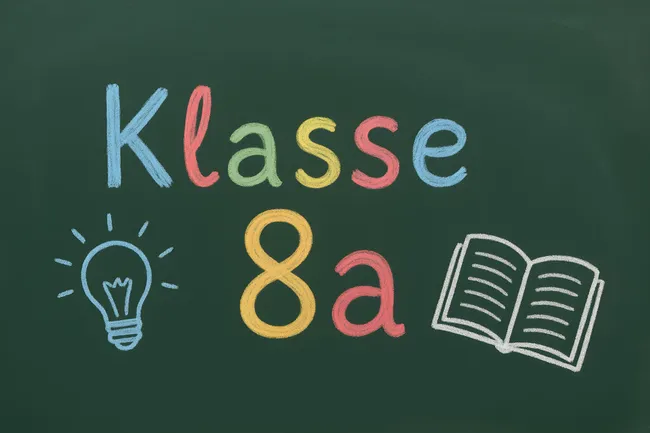 Kreide-Tafel mit Schulfach '8a' und Symbolen