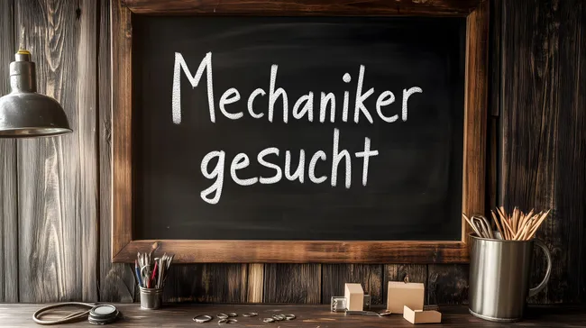 Kreide-Tafel mit Stellenausschreibung in rustikaler Werkstatt