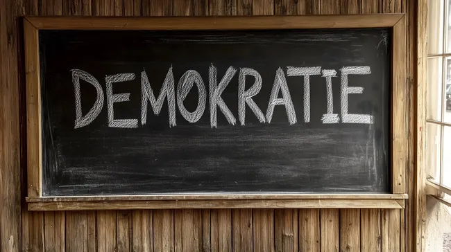 Kreideaufschrift 'Demokratie' auf Holztafel