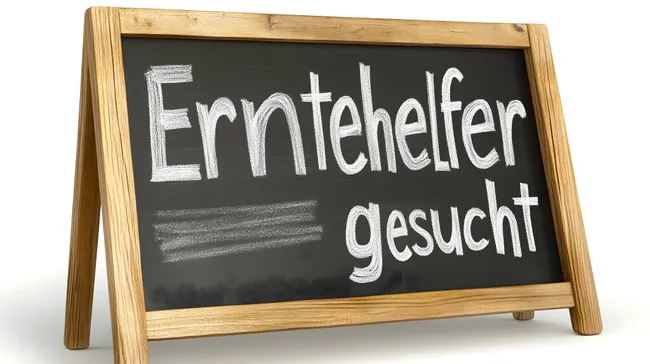 Kreideaufschrift 'Erntehelfer gesucht'
