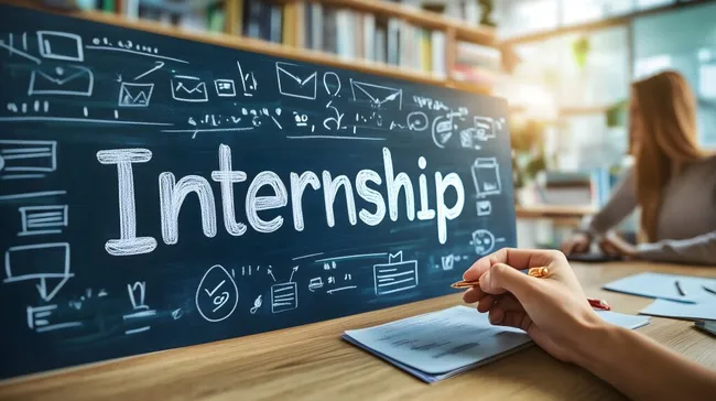Kreideaufschrift 'Internship' auf Tafel in modernem Klassenzimmer