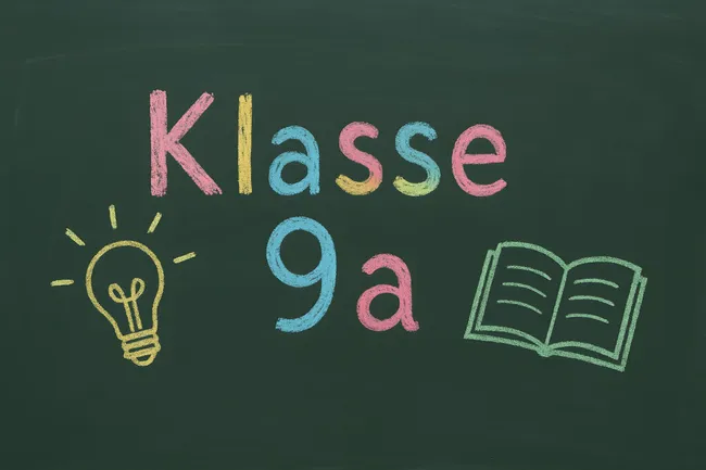 Kreideaufschrift 'Klasse 9a' mit Symbolen