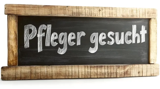 Kreideaufschrift 'Pfleger gesucht' auf rustikalem Holzrahmen