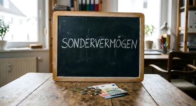 Kreidegeschriebene Aufschrift 'Sondervermögen' auf Holztisch