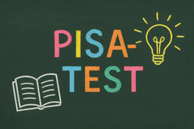 Kreidekasten mit Pisa-Test-Symbolen und Glühbirne