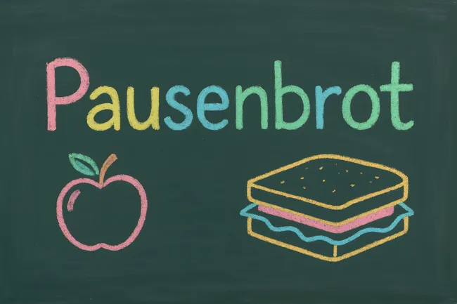 Kreideletter mit buntem Pausenbrot und Apfel
