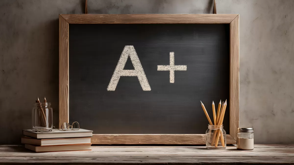Kreidetafel mit A+ Schulnote und Bleistiften auf Holztisch