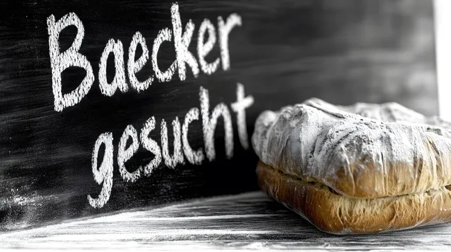 Kreidetafel mit Aufschrift 'Bäcker gesucht' und Brötchen