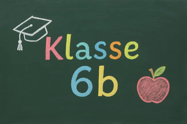 Kreidetafel mit Beschriftung Klasse 6b und Schulsymbolen