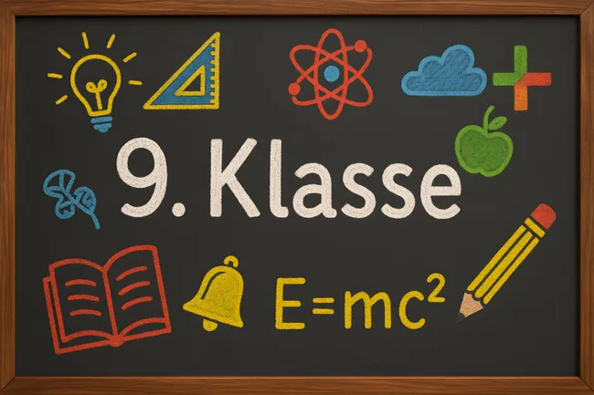 Kreidetafel mit bunten Symbolen für die 9. Klasse