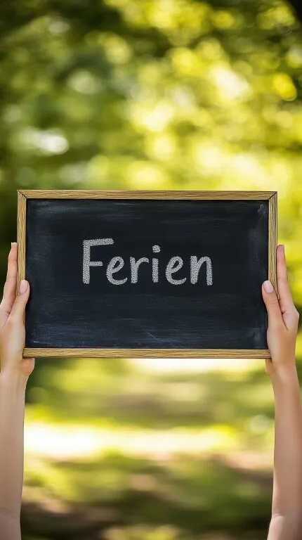 Kreidetafel mit der Aufschrift 'Ferien' vor grünem Hintergrund
