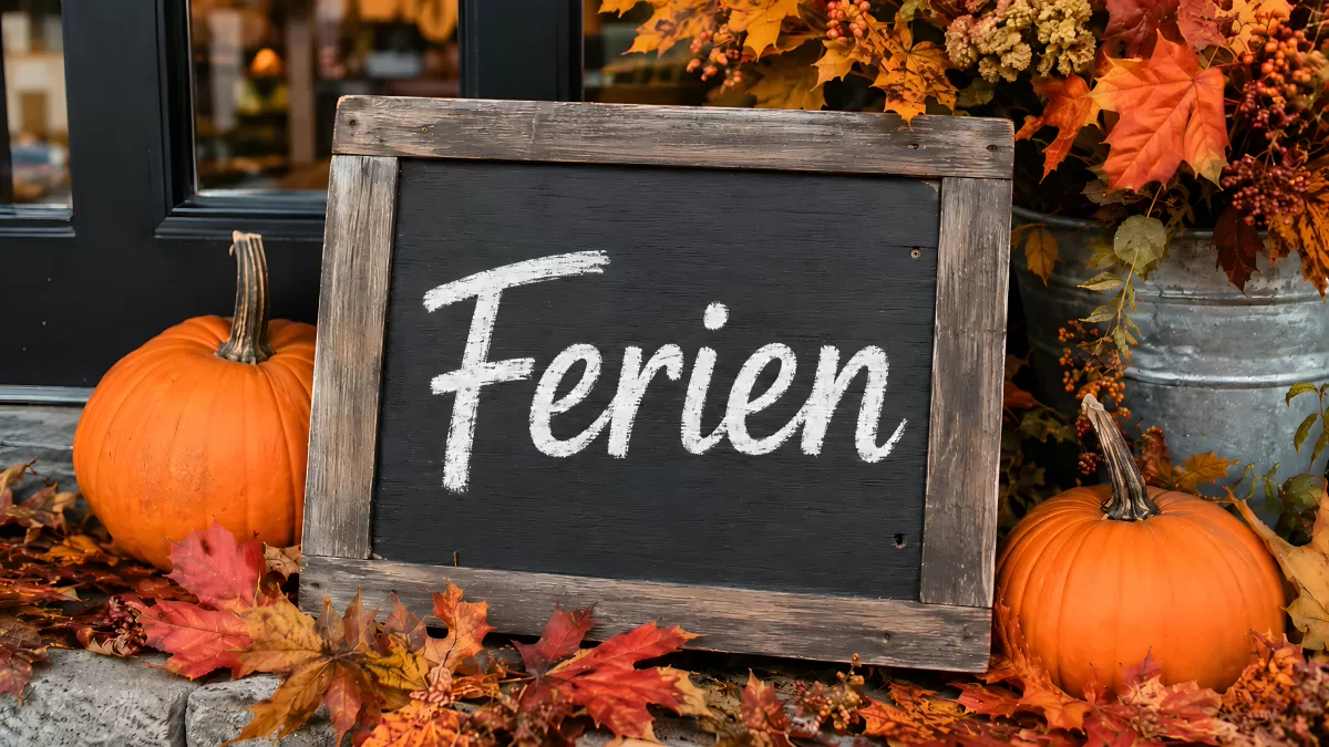 Kreidetafel mit Ferien-Schrift zwischen Herbstkürbissen