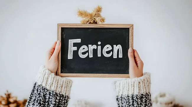 Kreidetafel mit Ferienschriftzug in gemütlichen Händen