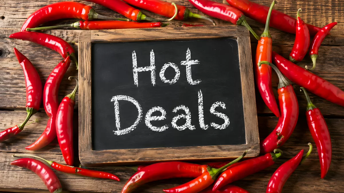 Kreidetafel mit Hot Deals Schriftzug zwischen roten Chilischoten
