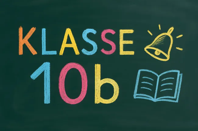 Kreidezeichnung auf grüner Tafel mit Schulbeginn-Symbolen