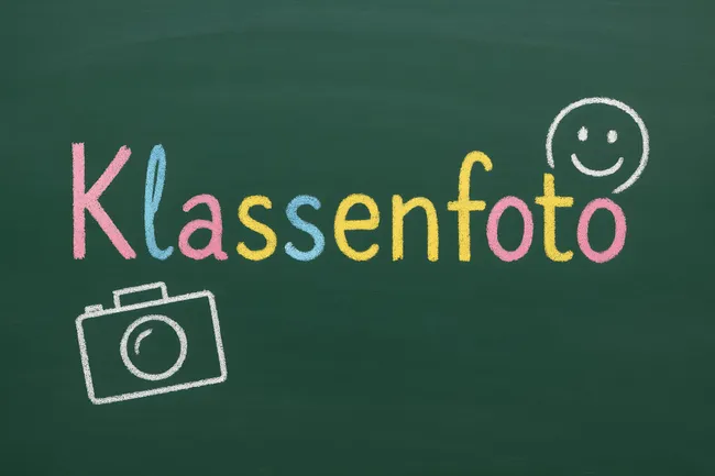 Kreidezeichnung einer Schulkamera und Smiley