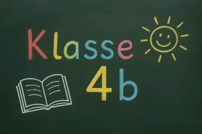 Kreidezeichnung einer Schulklasse mit Sonne