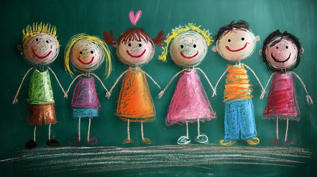 Kreidezeichnung fröhlicher Kinderfiguren auf Schultafel