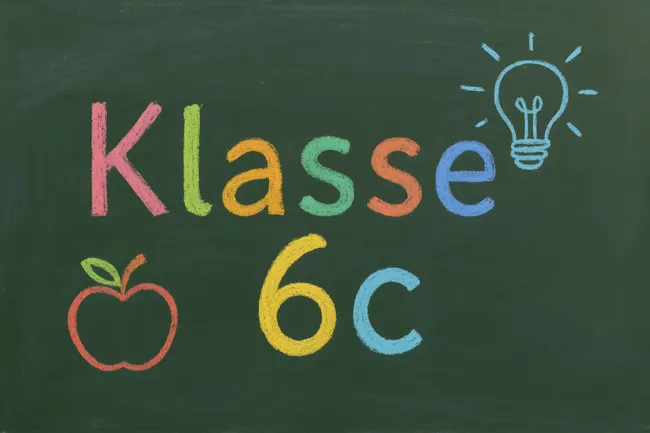 Kreidezeichnung 'Klasse 6C' auf Schultafel mit Apfel und Glühbirne