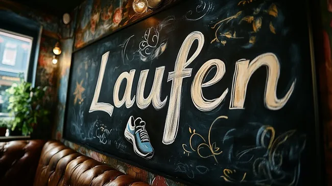 Kreidezeichnung mit Laufen-Motiv in stimmungsvollem Café-Ambiente
