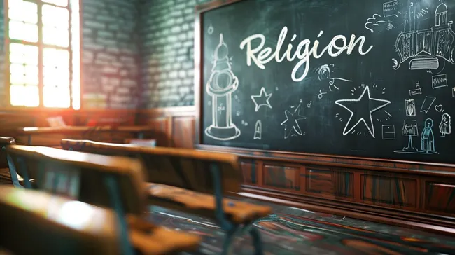 Kreidezeichnung 'Religion' im Klassenzimmer