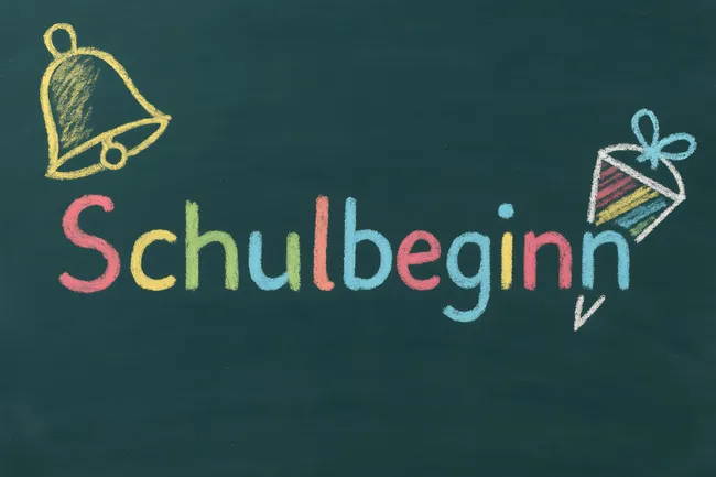 Kreidezeichnung: Schulbeginn mit Glocke und Schultüte