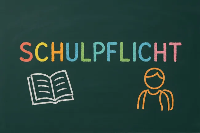 Kreidezeichnung Schulpflicht mit Büchern und Schüler