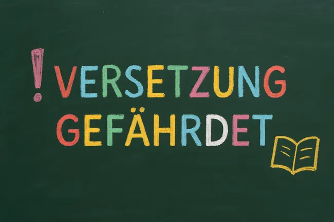 Kreidezeichnung 'Versetzung gefährdet' in bunten Farben