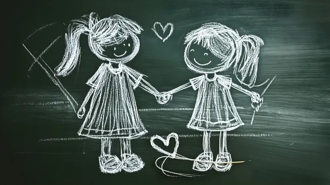 Kreidezeichnung von glücklichen Kindern mit Herzen