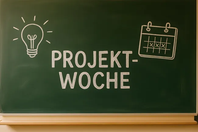 Kreidezeichnung von Glühbirne und Kalender auf Schultafel