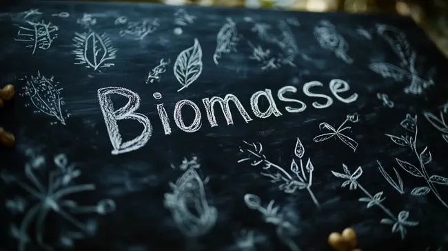 Kreidezeichnungen einer Biomasse-Tafel mit Naturmotiven