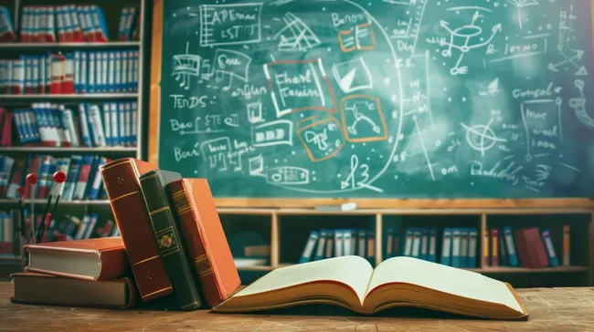 Kreidezeichnungen und Bücher im Klassenzimmer - Lernen und Bildung