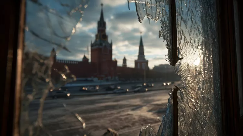 Kreml durch zerbrochenes Fenster mit Scherben im Vordergrund