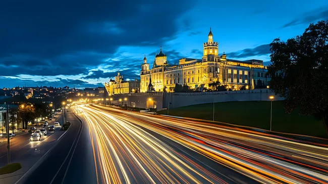 Kreml in Moskau bei Nachtaufnahme mit Lichtspuren