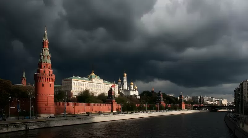 Kreml Moskau unter dramatischem Himmel mit dunklen Wolken