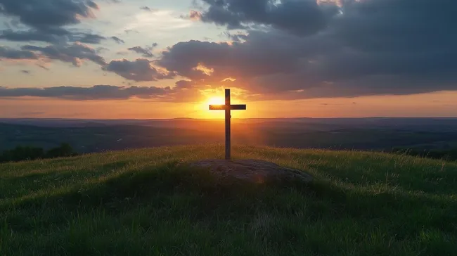Kreuz auf Hügel bei Sonnenuntergang