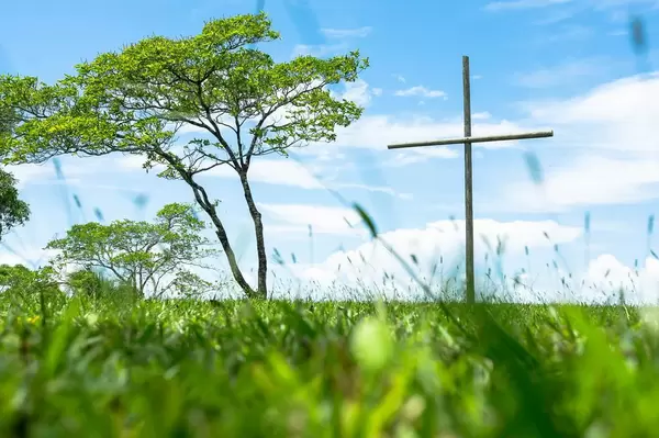 Kreuz aus Holz auf einer großen Rasenfläche