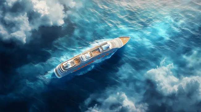 Kreuzfahrtschiff auf rauer See bei bewölktem Himmel