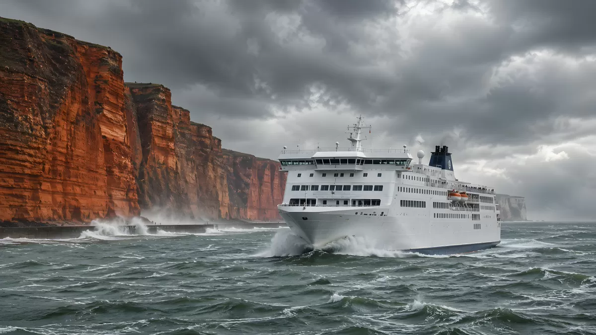 Kreuzfahrtschiff trotzt stürmischer See vor Felsklippen