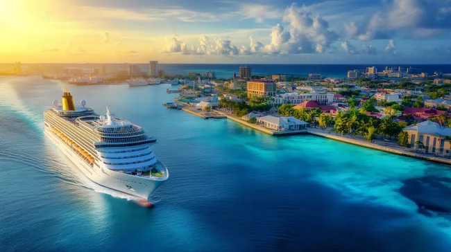 Kreuzfahrtschiff verlässt malerischen Hafen bei Sonnenuntergang