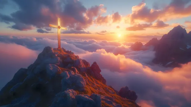 Kreuzförmiges Gipfelkreuz bei Sonnenuntergang über Wolkenmeer