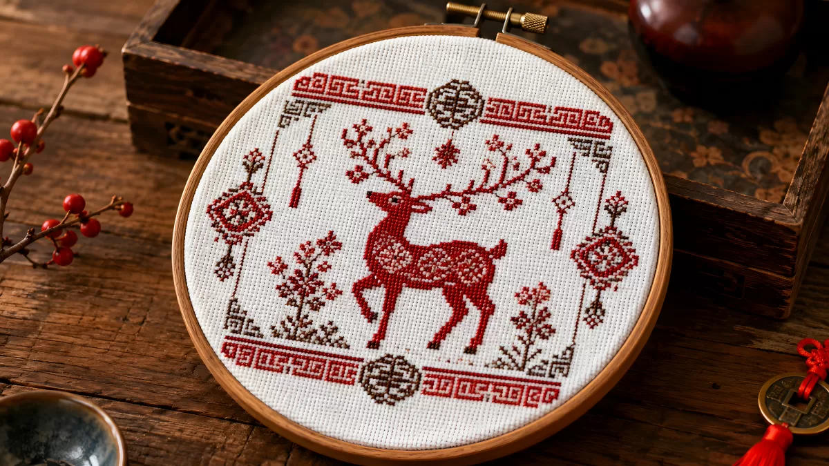 Kreuzstich-Stickerei mit Hirsch in Rot und Weiß