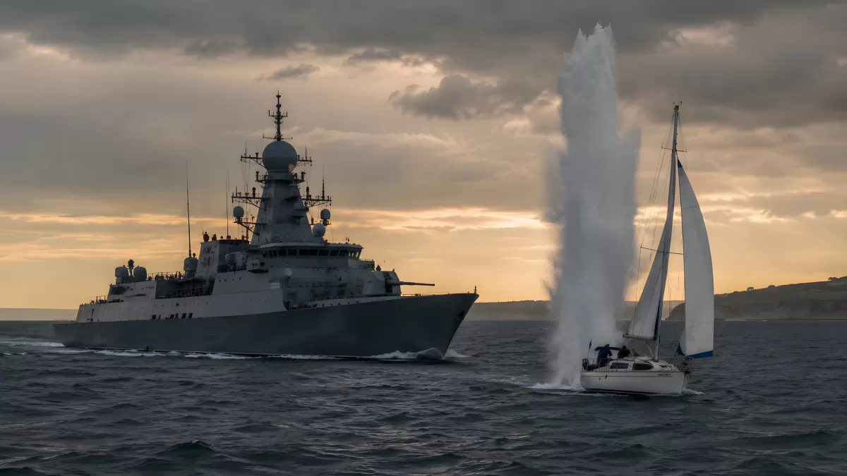 Kriegsschiff und Segelboot auf stürmischer See