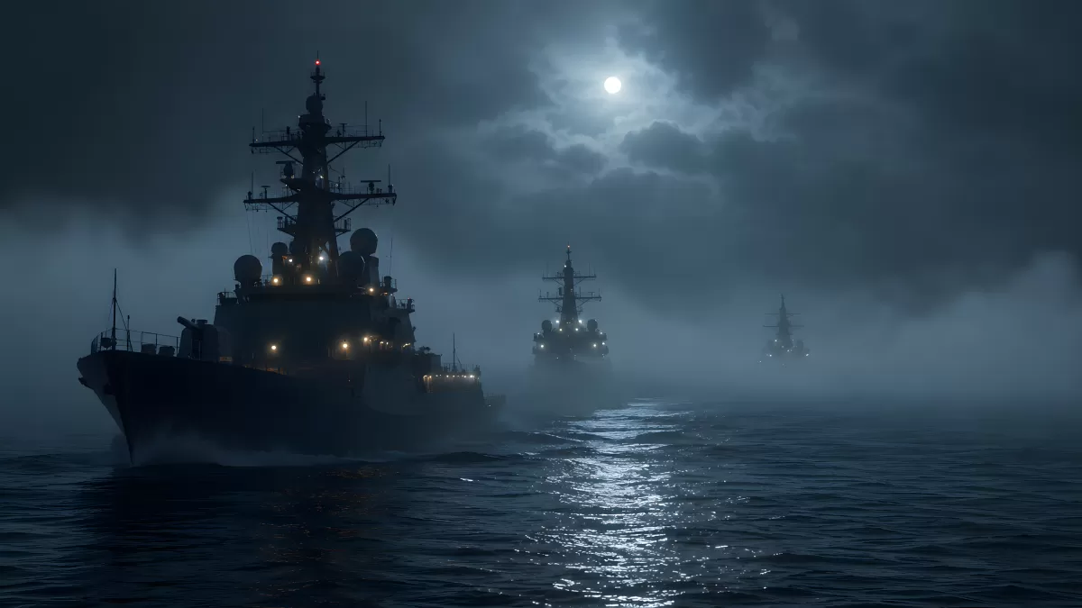 Kriegsschiffe in nebeliger Nacht unter Mondlicht