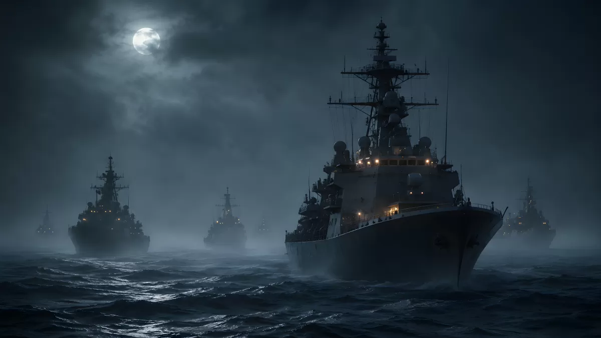 Kriegsschiffe in nebliger Nacht unter Vollmond