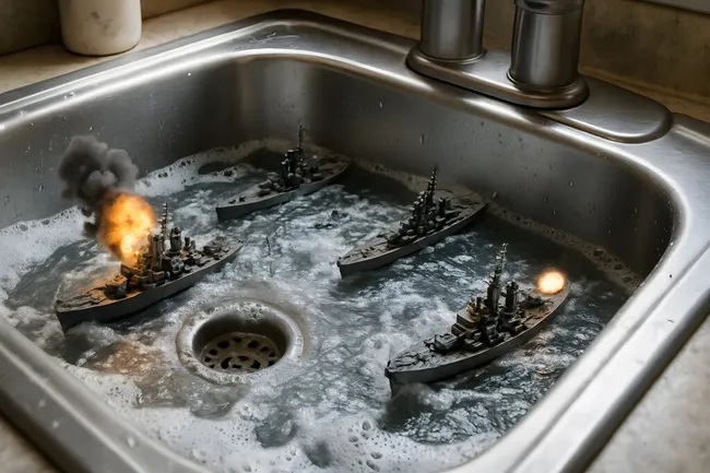 Kriegsspielzeug in der Küchenspüle: Miniaturflotte in Action