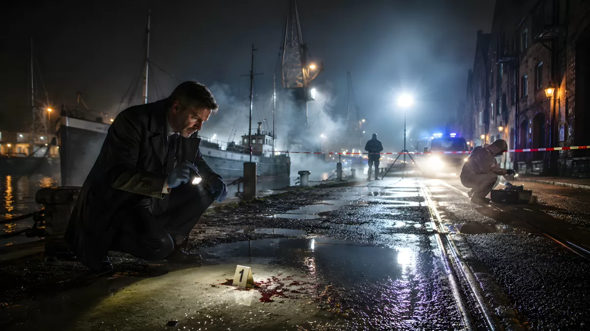 Kriminaltechniker untersucht Tatort am Hafen bei Nacht