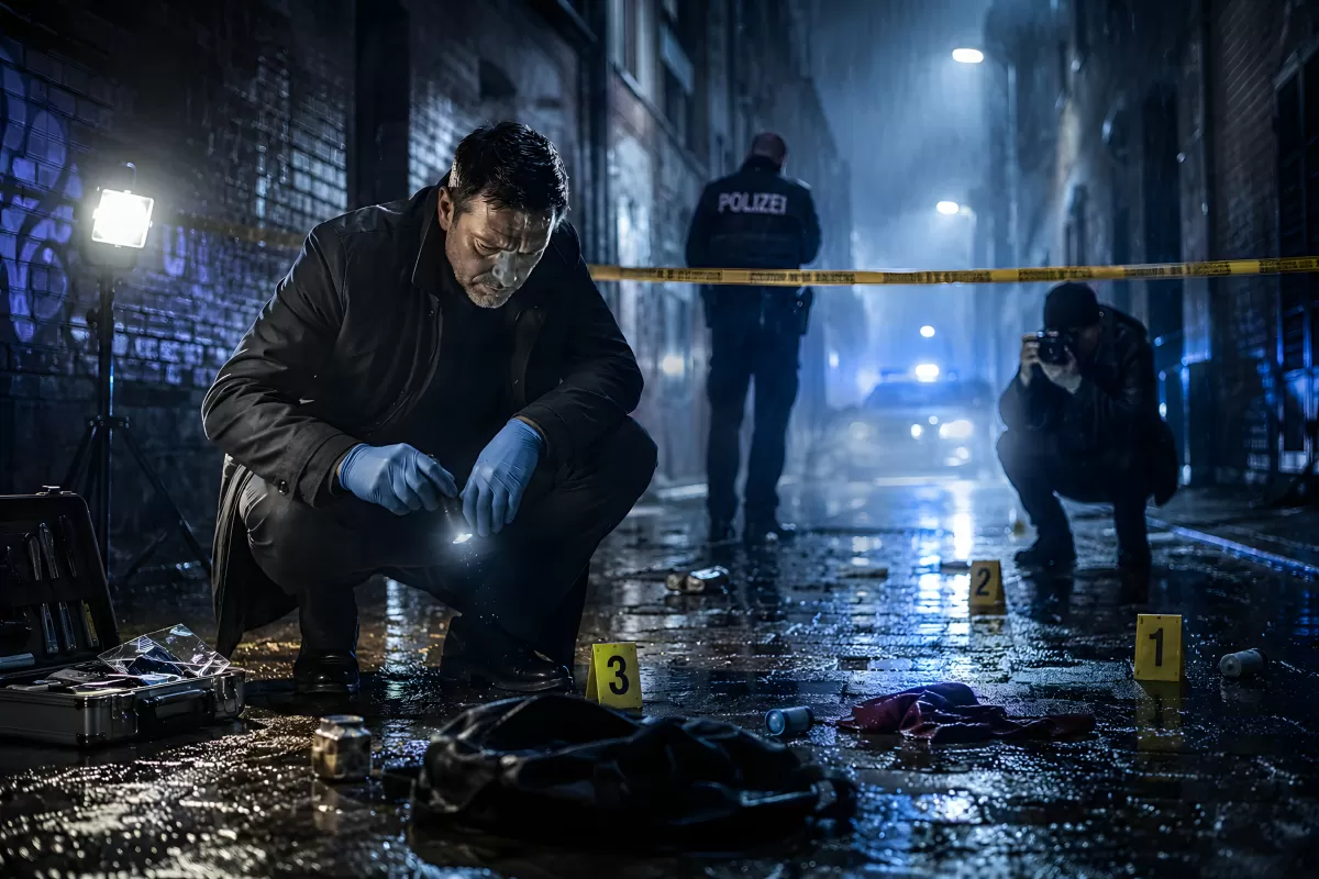 Kriminaltechniker untersucht Tatort in regennasser Gasse