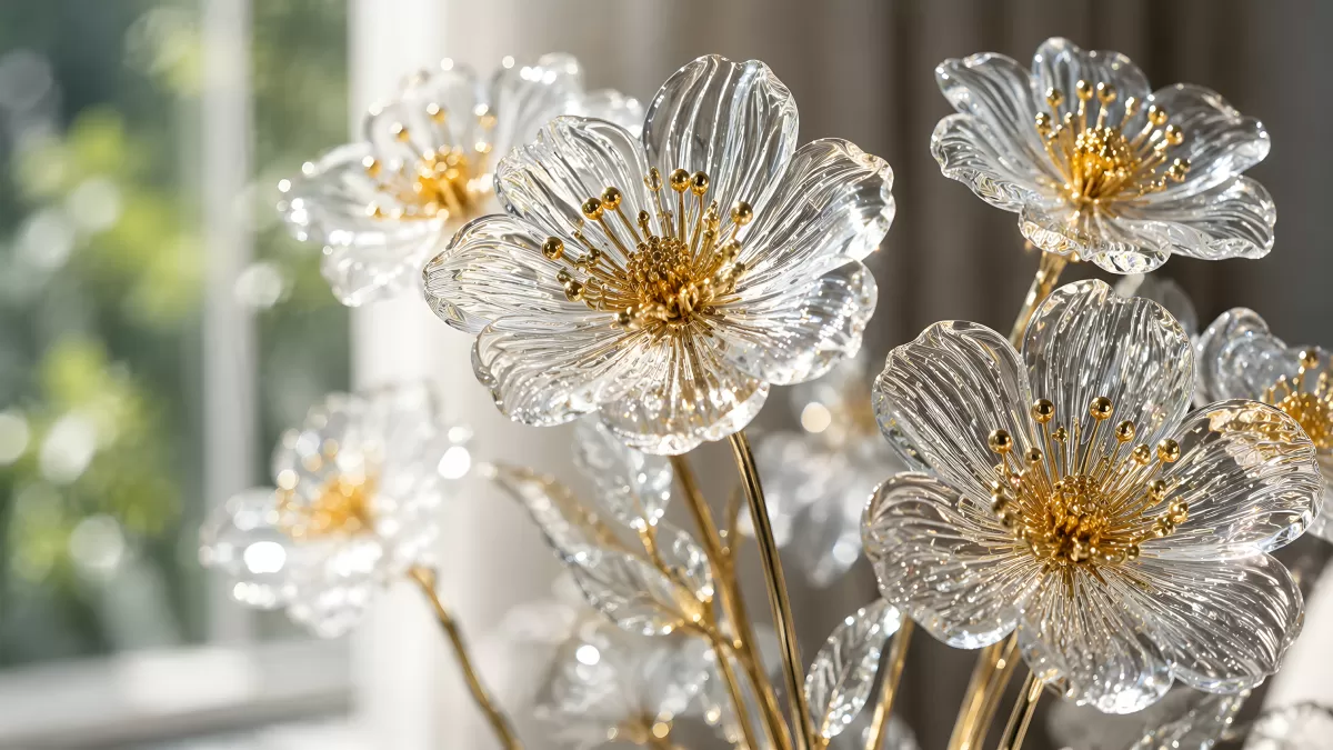 Kristallblumen mit goldenen Staubgefäßen im Licht