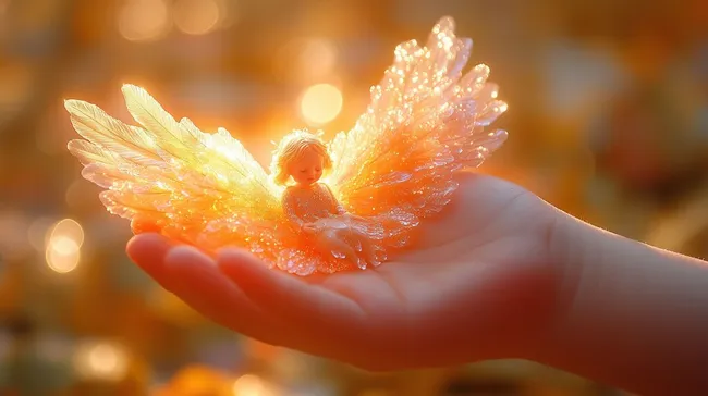 Kristallener Engel in Handfläche bei Sonnenuntergang